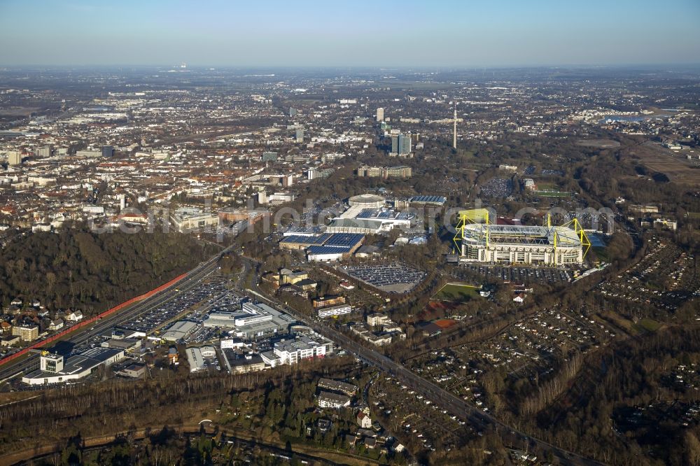 Dortmund from the bird's eye view: Areal of Borusseum, the Signal Iduna Park stadium of Borussia Dortmund