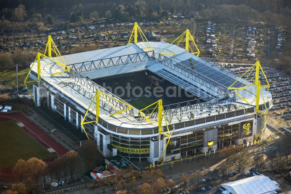 Dortmund from the bird's eye view: Areal of Borusseum, the Signal Iduna Park stadium of Borussia Dortmund