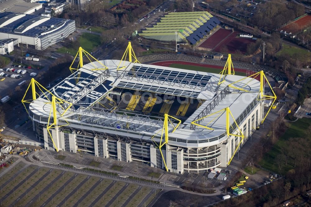 Aerial photograph Dortmund - Areal of Borusseum, the Signal Iduna Park stadium of Borussia Dortmund