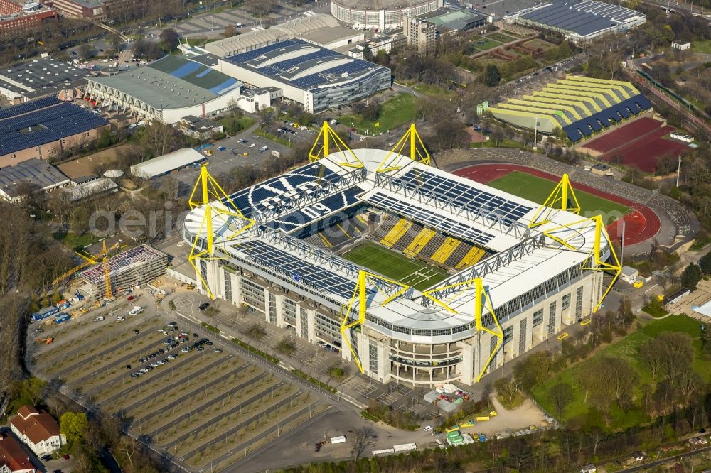 Dortmund from the bird's eye view: Areal of Borusseum, the Signal Iduna Park stadium of Borussia Dortmund