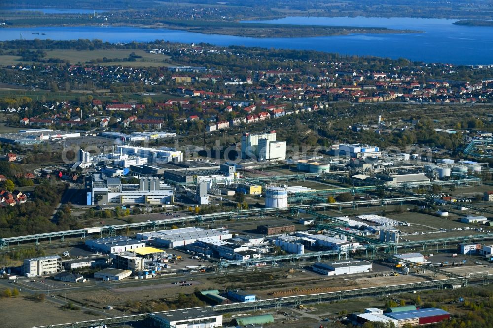 Bitterfeld from above - Technical facilities in the industrial area on the area of Chemiepark in Bitterfeld in the state Saxony-Anhalt, Germany