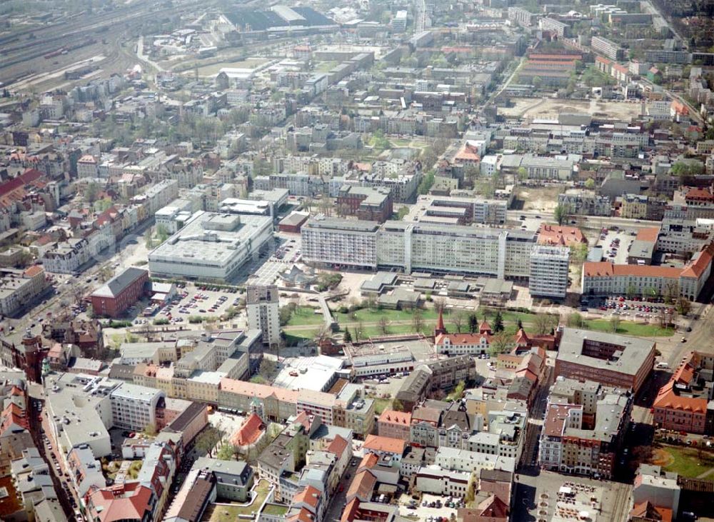 Cottbus - BRB from the bird's eye view: Gelände der Cottbusser Innenstadt am Bereich der Bahnhofstraße, Karl-Liebknecht-Straße, Berliner Straße und Spremberger Straße. Planungsfläche für die Errichtung der CITY-GALERIE der ECE-Projektmanagement GmbH Hamburg.