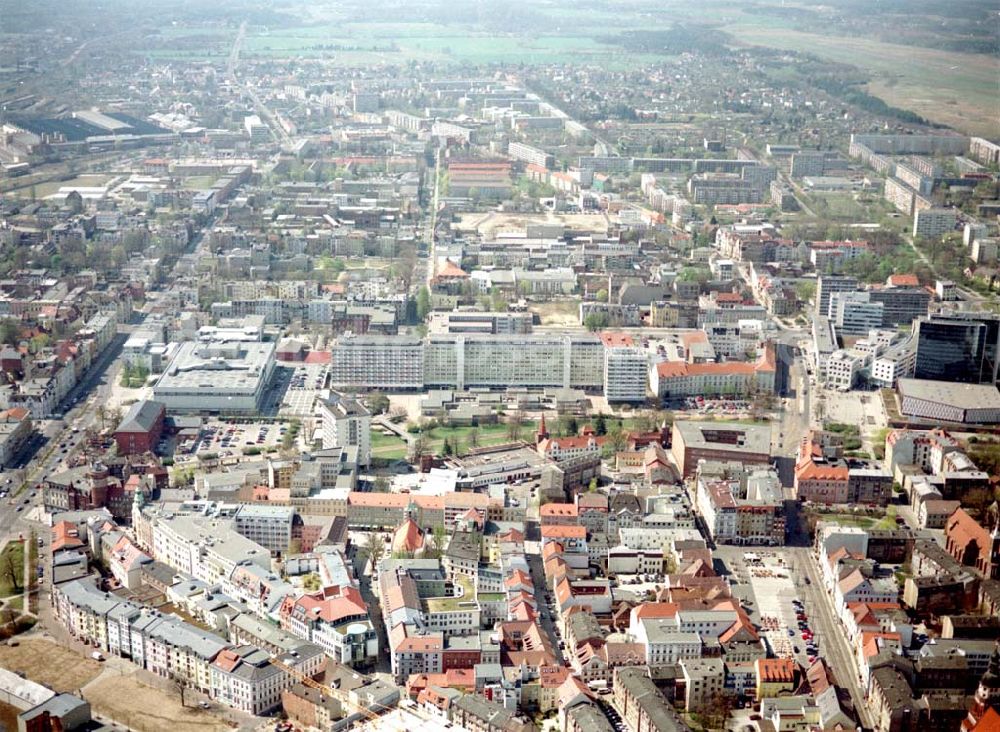 Cottbus - BRB from the bird's eye view: Gelände der Cottbusser Innenstadt am Bereich der Bahnhofstraße, Karl-Liebknecht-Straße, Berliner Straße und Spremberger Straße. Planungsfläche für die Errichtung der CITY-GALERIE der ECE-Projektmanagement GmbH Hamburg.