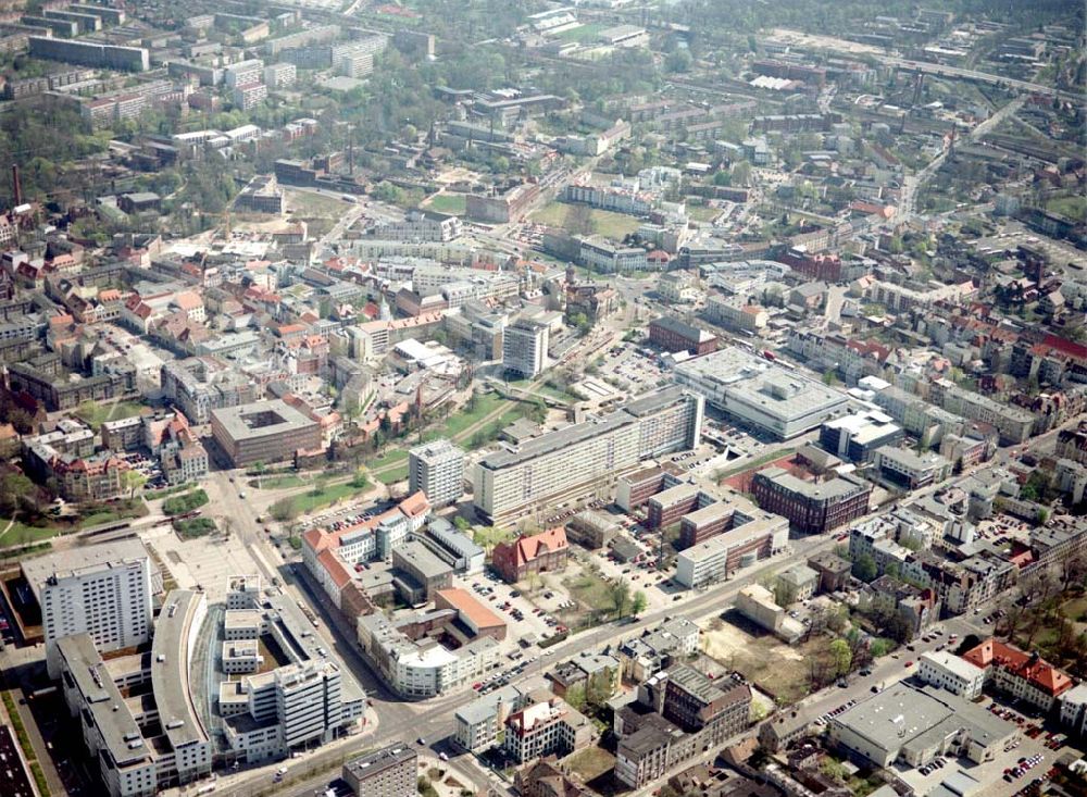 Cottbus - BRB from the bird's eye view: Gelände der Cottbusser Innenstadt am Bereich der Bahnhofstraße, Karl-Liebknecht-Straße, Berliner Straße und Spremberger Straße. Planungsfläche für die Errichtung der CITY-GALERIE der ECE-Projektmanagement GmbH Hamburg.