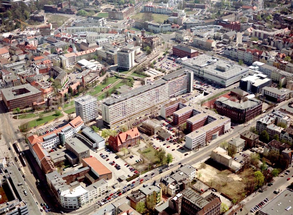 Cottbus - BRB from the bird's eye view: Gelände der Cottbusser Innenstadt am Bereich der Bahnhofstraße, Karl-Liebknecht-Straße, Berliner Straße und Spremberger Straße. Planungsfläche für die Errichtung der CITY-GALERIE der ECE-Projektmanagement GmbH Hamburg.