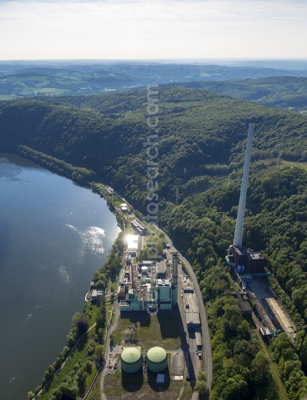 Herdecke from above - Area of the Cuno - power plant of the ENERVIE AG at the Ruhr overlooking the city Herdecke in North Rhine-Westphalia