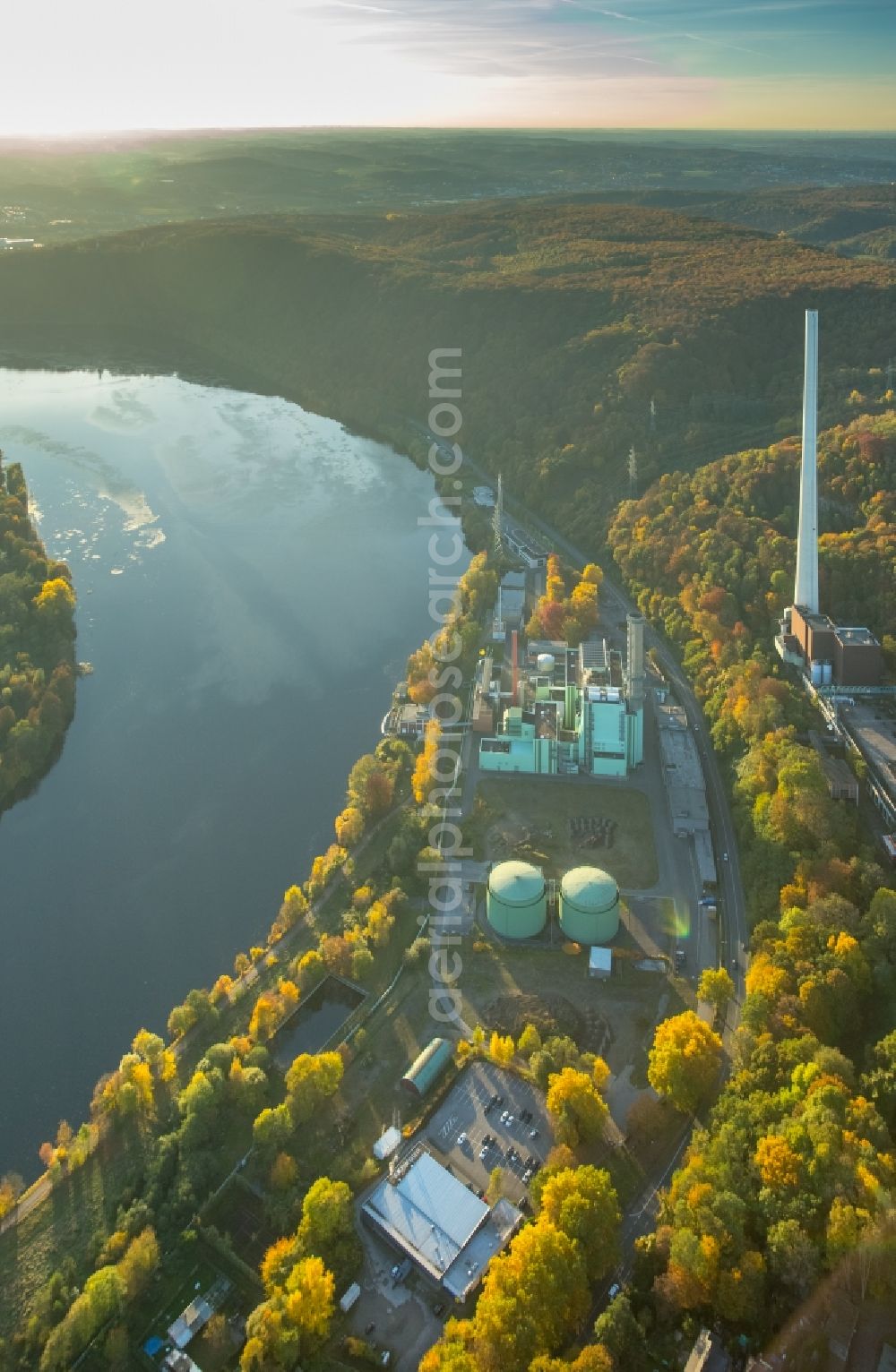 Aerial image Herdecke - Area of the Cuno - power plant of the ENERVIE AG at the Ruhr overlooking the city Herdecke in North Rhine-Westphalia