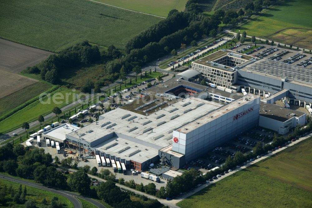 Burgwedel from the bird's eye view: Building complex and grounds of the Dirk Rossmann GmbH in Burgwedel in the state of Lower Saxony. The compound includes a logistics centre and the company headquarters and administrative offices of Rossmann