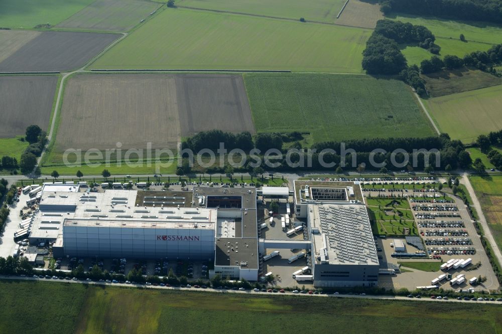 Burgwedel from above - Building complex and grounds of the Dirk Rossmann GmbH in Burgwedel in the state of Lower Saxony. The compound includes a logistics centre and the company headquarters and administrative offices of Rossmann