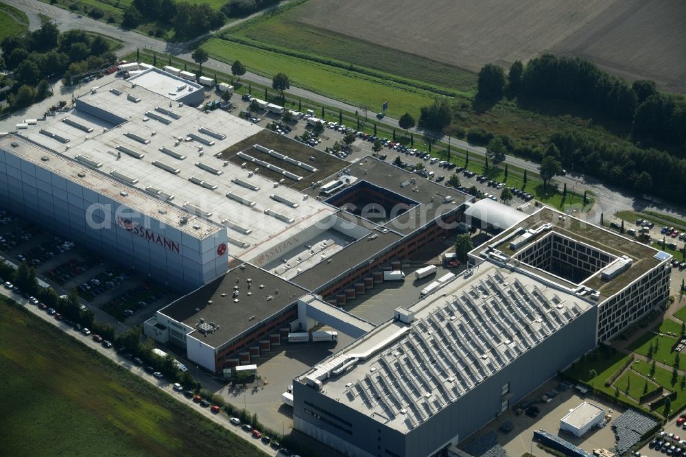 Aerial photograph Burgwedel - Building complex and grounds of the Dirk Rossmann GmbH in Burgwedel in the state of Lower Saxony. The compound includes a logistics centre and the company headquarters and administrative offices of Rossmann