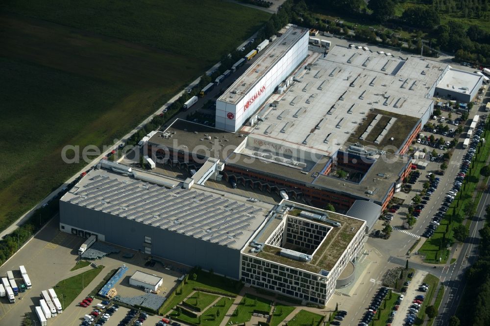 Burgwedel from above - Building complex and grounds of the Dirk Rossmann GmbH in Burgwedel in the state of Lower Saxony. The compound includes a logistics centre and the company headquarters and administrative offices of Rossmann