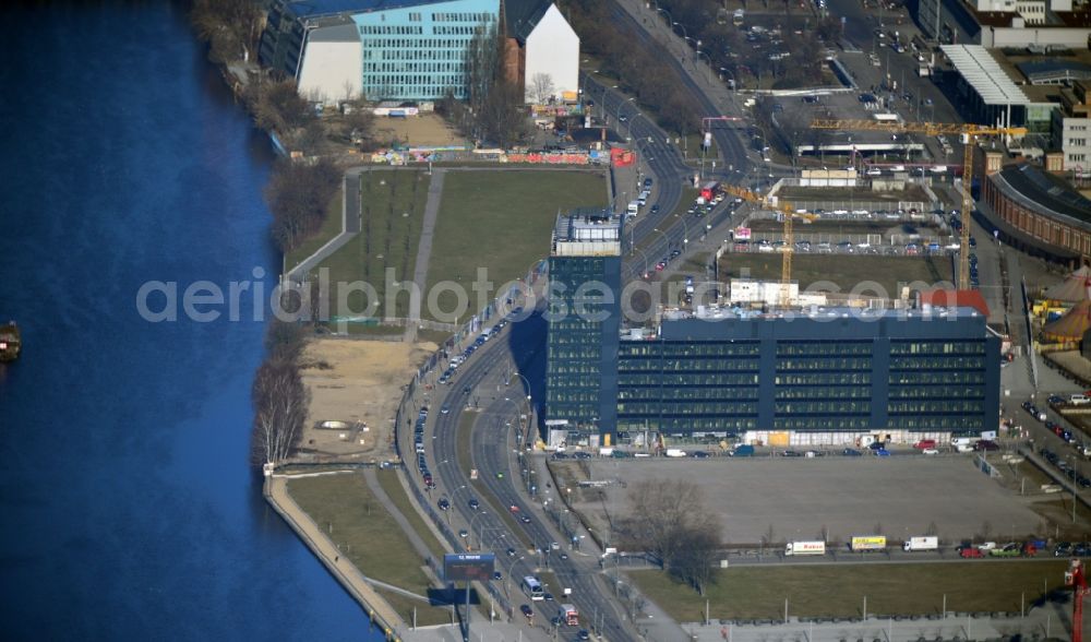 Berlin from above - Grounds of the East Side Gallery, the longest wall gallery in the world on the banks of the River Spree in Berlin - Friedrichshain - Kreuzberg