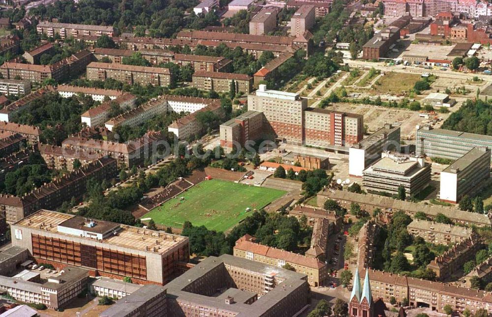 Berlin / Lichtenberg from the bird's eye view: Gelände des ehem. MfS an der Normannenstraße / Frankfurter Allee mit dem Hans-Zoschke-Stadion (ehem. Dynamo Berlin)