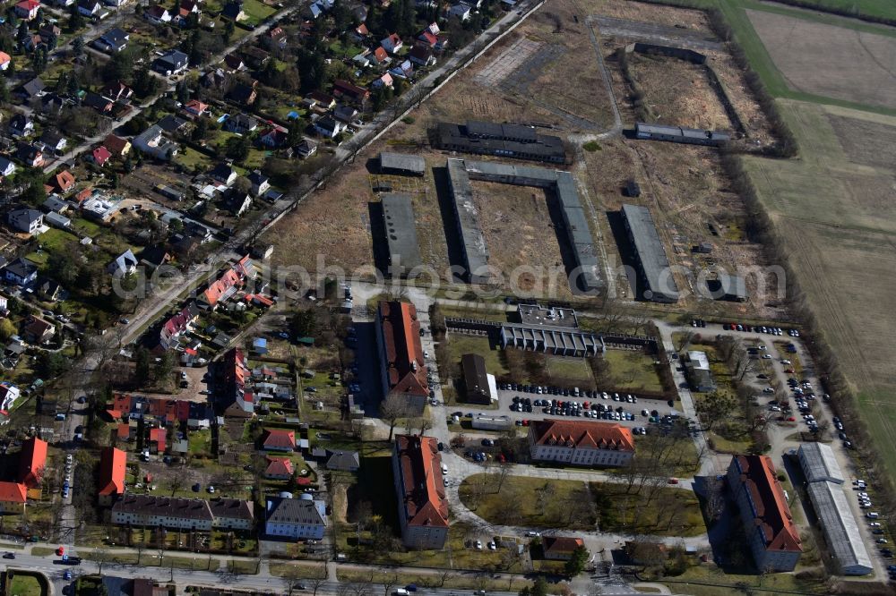 Stahnsdorf from the bird's eye view: Conversion surfaces on the renatured site of the former barracks and military - real estate in the district Gueterfelde in Stahnsdorf in the state Brandenburg