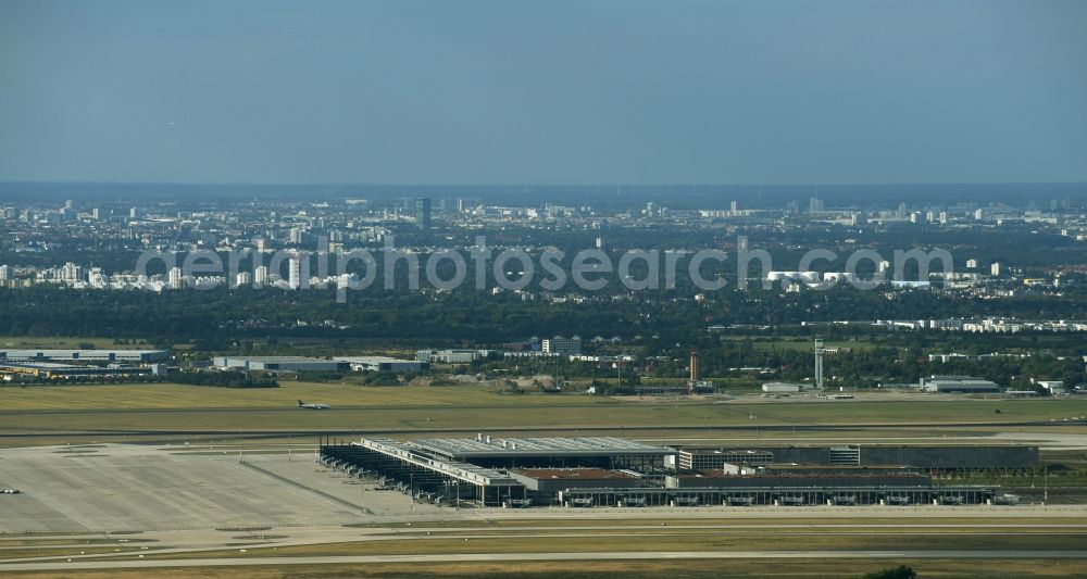 Aerial image Schönefeld - Runway with hangar taxiways and terminals on the grounds of the airport BER in Schoenefeld in the state Brandenburg