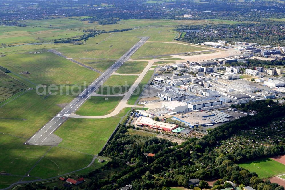 Bremen from above - Runway with hangar taxiways and terminals on the grounds of the airport in Bremen in Germany