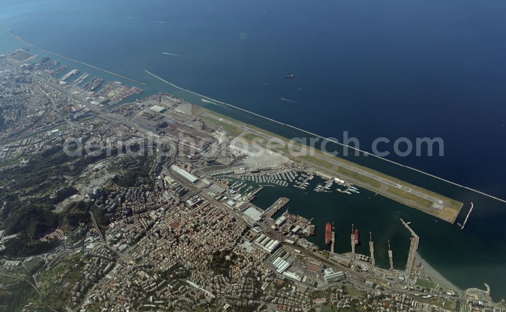 Aerial photograph Genua - Runway with hangar taxiways and terminals on the grounds of the airport a??Cristoforo Colomboa?? in Genova in Ligurien, Italy