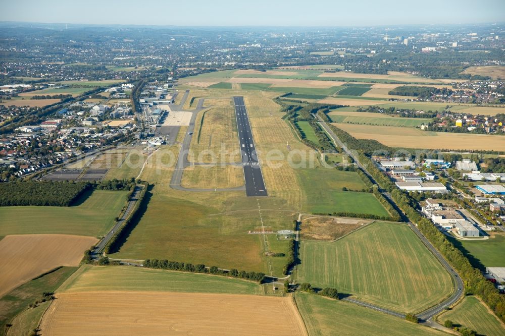 Dortmund from above - Runway with hangar taxiways and terminals on the grounds of the airport in Dortmund in the state North Rhine-Westphalia, Germany