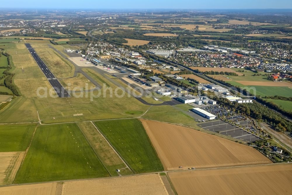 Aerial image Dortmund - Runway with hangar taxiways and terminals on the grounds of the airport in Dortmund in the state North Rhine-Westphalia, Germany