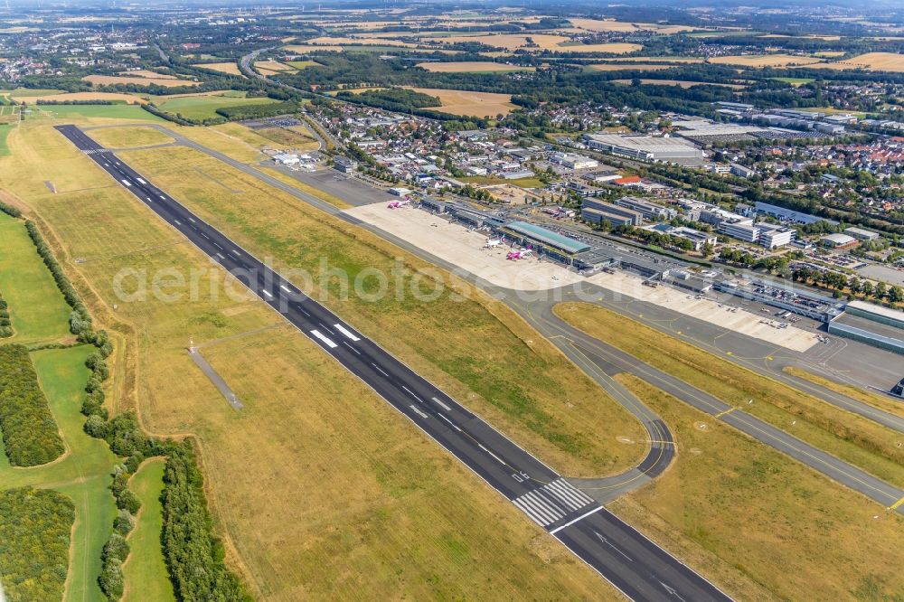 Aerial image Dortmund - Runway with hangar taxiways and terminals on the grounds of the airport in Dortmund in the state North Rhine-Westphalia, Germany