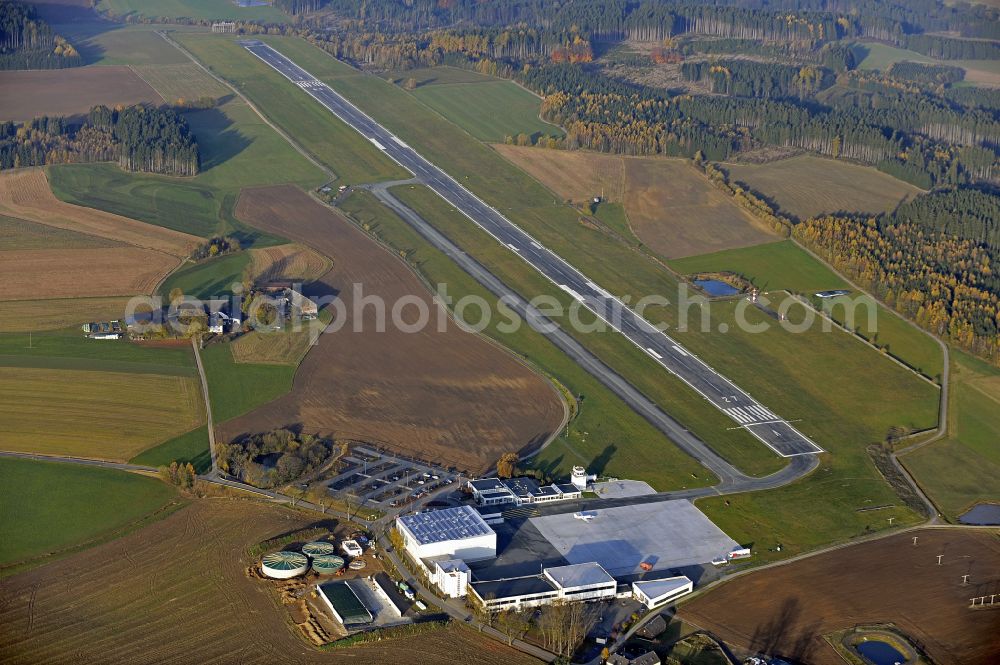 Aerial image Hof - Runway with hangar taxiways and terminals on the grounds of the airport in Hof in the state Bavaria, Germany