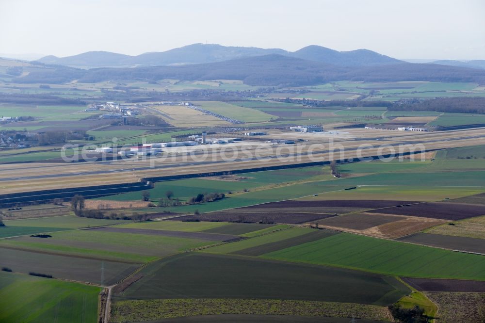 Aerial image Calden - Runway with hangar taxiways and terminals on the grounds of the airport Kassel-Calden in Calden in the state Hesse, Germany