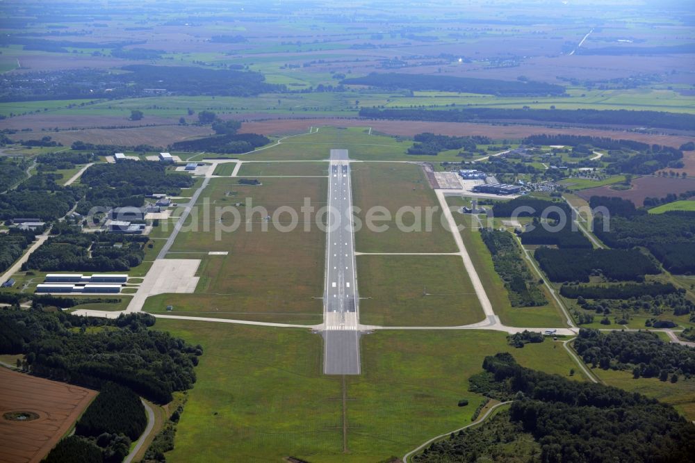 Laage from above - Runway with hangar taxiways and terminals on the grounds of the airport in Laage in the state Mecklenburg - Western Pomerania