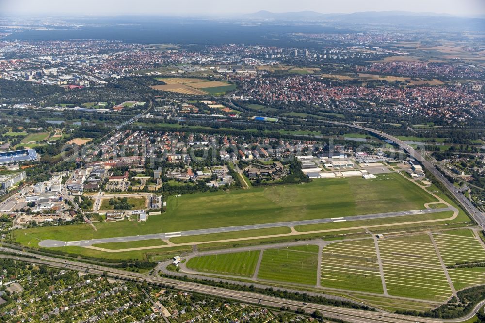 Aerial photograph Mannheim - Runway with hangar taxiways and terminals on the grounds of the airport in Mannheim in the state Baden-Wuerttemberg