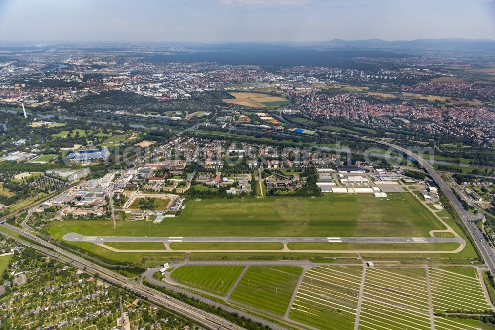 Mannheim from above - Runway with hangar taxiways and terminals on the grounds of the airport in Mannheim in the state Baden-Wuerttemberg