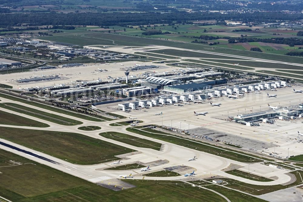 München from above - Runway with hangar taxiways and terminals on the grounds of the airport in Munich in the state Bavaria, Germany