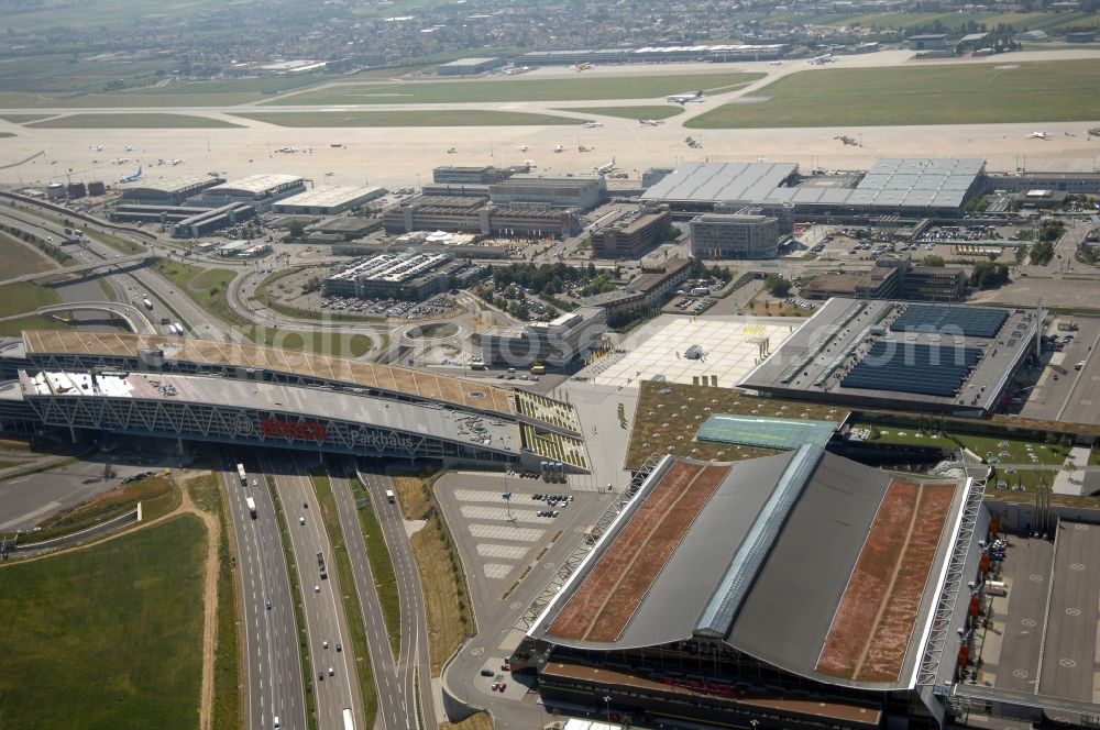 Stuttgart from above - Runway with hangar taxiways and terminals on the grounds of the airport in the district Bernhausen in Stuttgart in the state Baden-Wuerttemberg, Germany