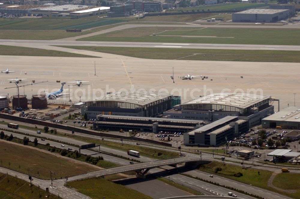 Stuttgart from above - Runway with hangar taxiways and terminals on the grounds of the airport in the district Bernhausen in Stuttgart in the state Baden-Wuerttemberg, Germany