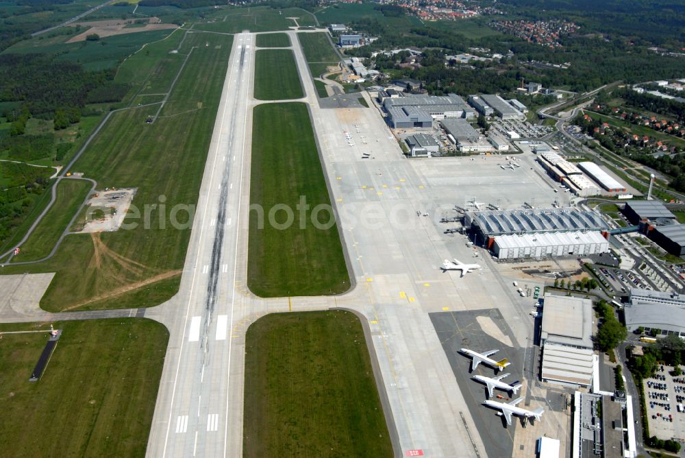 Dresden from above - Runway with hangar taxiways and terminals on the grounds of the airport in the district Klotzsche in Dresden in the state Saxony, Germany