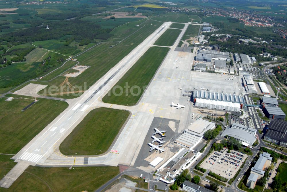 Dresden from above - Runway with hangar taxiways and terminals on the grounds of the airport in the district Klotzsche in Dresden in the state Saxony, Germany