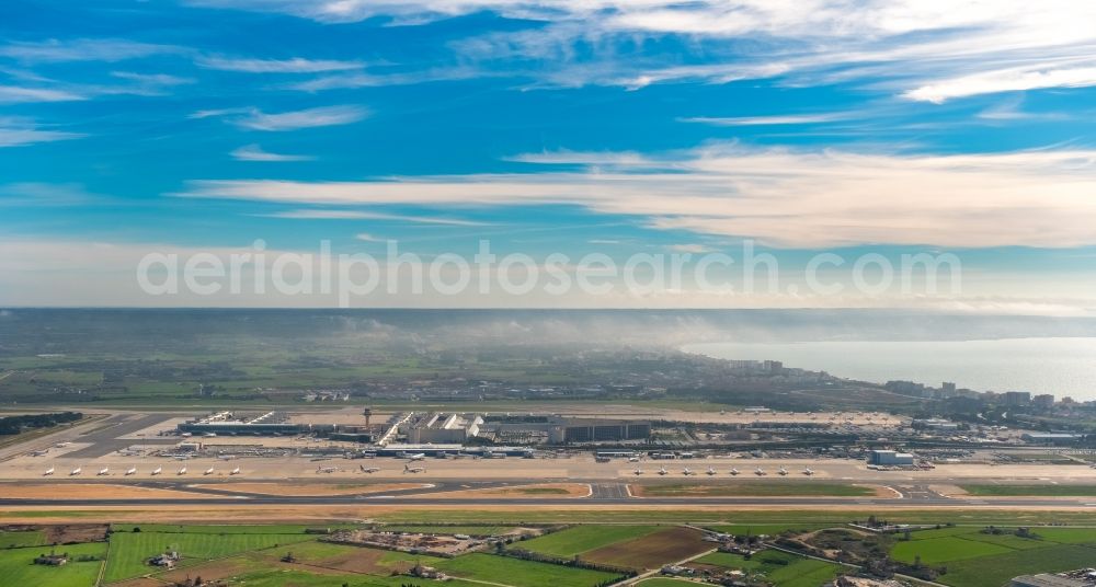 Palma from the bird's eye view: Runway with hangar taxiways and terminals on the grounds of the airport Palma de Mallorca in Palma in Balearische Insel Mallorca, Spain