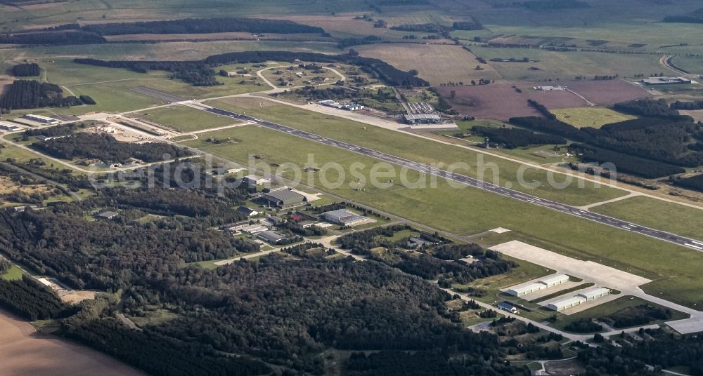 Laage from above - Runway with hangar taxiways and terminals on the grounds of the airport Rostock Airport in Laage in the state Mecklenburg - Western Pomerania