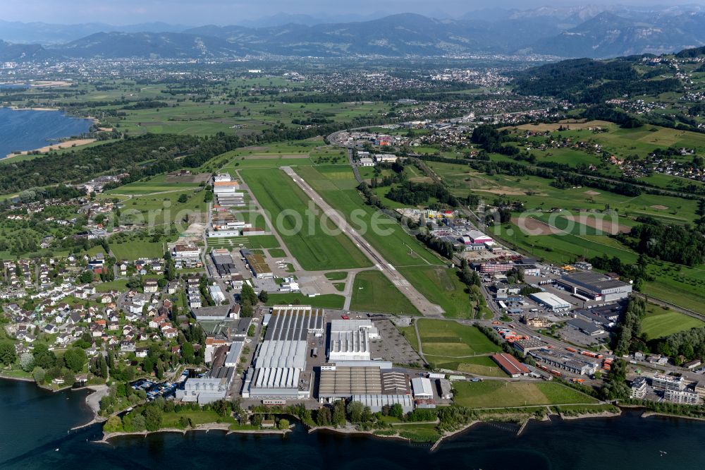 Altenrhein from the bird's eye view: Runway with hangar taxiways and terminals on the grounds of the airport St.Gallen-Altenrhein in Altenrhein at Bodensee in the canton Sankt Gallen, Switzerland