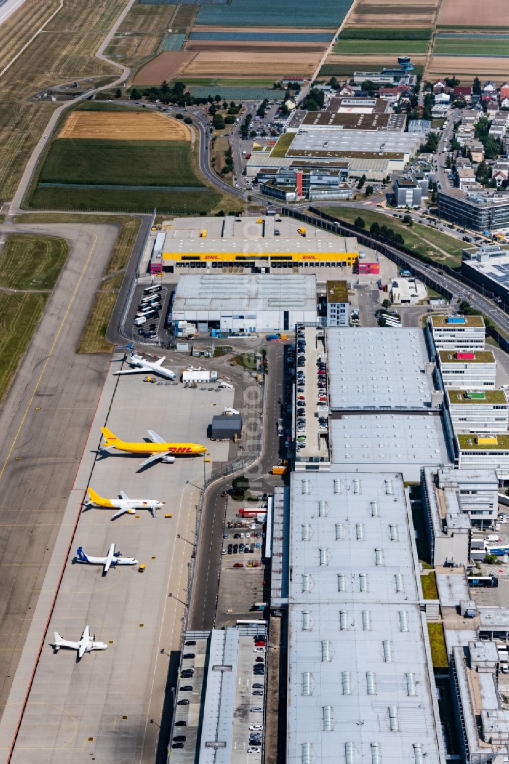 Aerial image Stuttgart - Runway with hangar taxiways and terminals on the grounds of the airport in Stuttgart in the state Baden-Wurttemberg, Germany