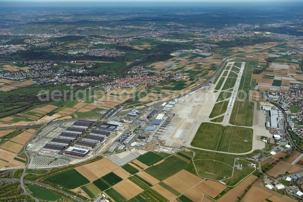 Aerial image Filderstadt - Runway with hangar taxiways and terminals on the grounds of the airport in Stuttgart in the state Baden-Wuerttemberg, Germany