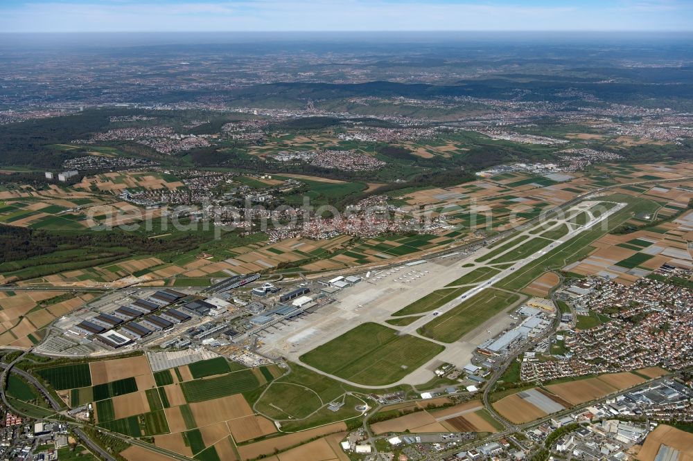 Filderstadt from above - Runway with hangar taxiways and terminals on the grounds of the airport in Stuttgart in the state Baden-Wuerttemberg, Germany