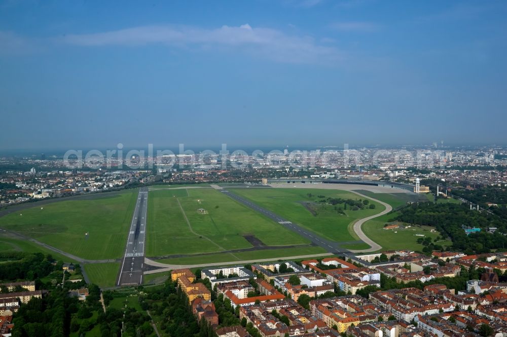 Aerial image Berlin - Runway with hangar taxiways and terminals on the grounds of the airport Tempelhof in Berlin in Germany