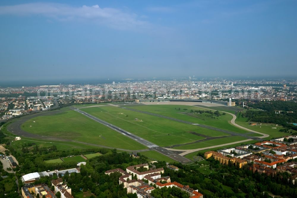 Berlin from above - Runway with hangar taxiways and terminals on the grounds of the airport Tempelhof in Berlin in Germany