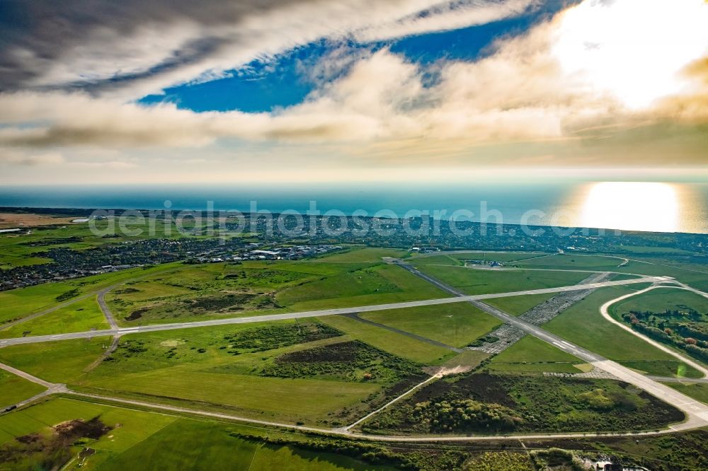 Sylt from above - Runway with hangar taxiways and terminals on the grounds of the airport Westerland at the island Sylt in the state Schleswig-Holstein, Germany