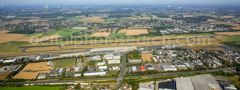 Dortmund from above - Runway with hangar taxiways and terminals on the grounds of the airport in Dortmund in the state North Rhine-Westphalia