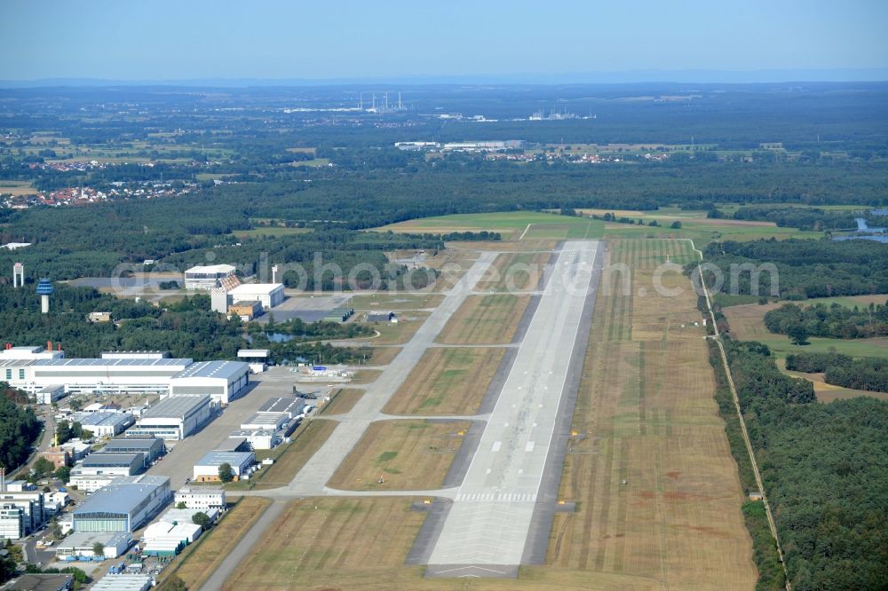 Manching from the bird's eye view: Runway with hangar taxiways and terminals on the grounds of the airport in Manching in the state Bavaria