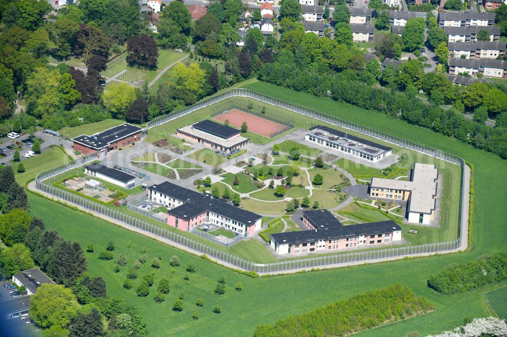 Bedburg-Hau from the bird's eye view: Security fencing on the grounds of forensics - psychiatry LVR-Klinik Bedburg-Hau on Bahnstrasse in Bedburg-Hau in the state North Rhine-Westphalia, Germany