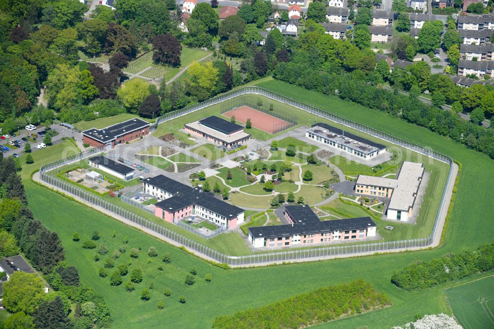 Bedburg-Hau from above - Security fencing on the grounds of forensics - psychiatry LVR-Klinik Bedburg-Hau on Bahnstrasse in Bedburg-Hau in the state North Rhine-Westphalia, Germany