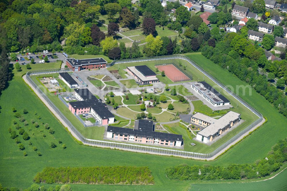 Bedburg-Hau from the bird's eye view: Security fencing on the grounds of forensics - psychiatry LVR-Klinik Bedburg-Hau on Bahnstrasse in Bedburg-Hau in the state North Rhine-Westphalia, Germany