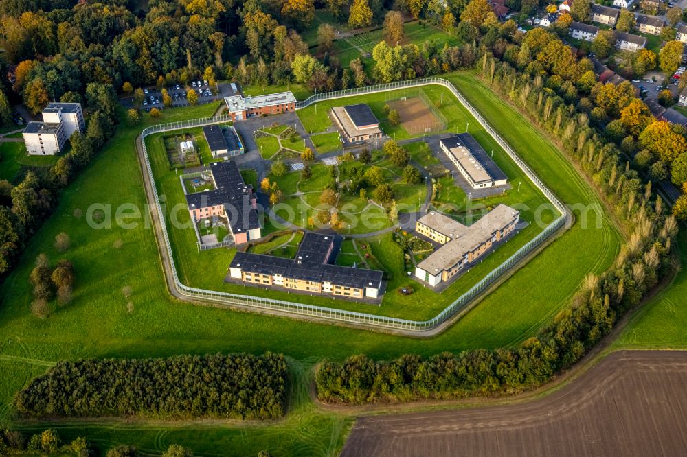 Bedburg-Hau from above - Security fencing on the grounds of forensics - psychiatry LVR-Klinik in Bedburg-Hau in the state North Rhine-Westphalia, Germany