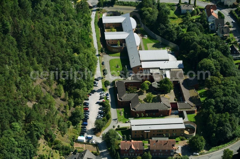 Marsberg from above - Security fencing on the grounds of forensics - psychiatry LWL-Therapiezentrum fuer Forensische Psychiatrie in Marsberg in the state North Rhine-Westphalia, Germany